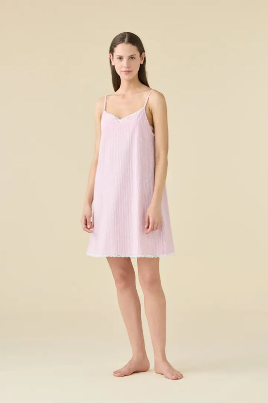 Camicia da Notte Donna Estiva – Bretelline, Scollo a V e Pizzo, Glicine, 100% Cotone