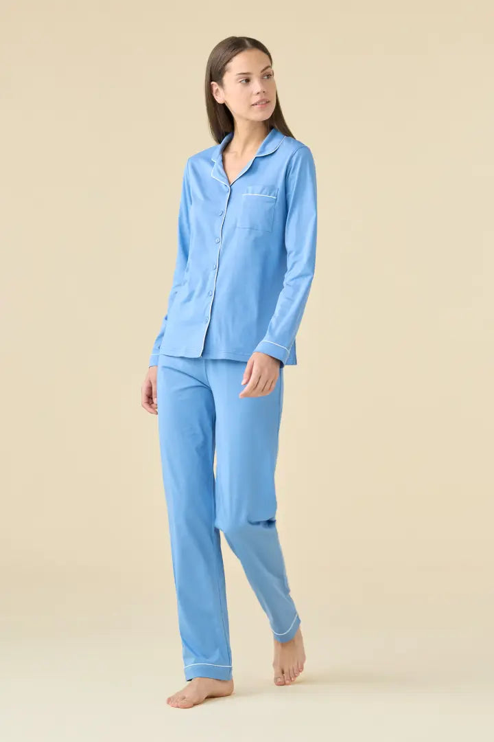 NOIDINOTTE - Pigiama lungo da donna aperto senza polsino - Blu riviera - art. FA9503AB
