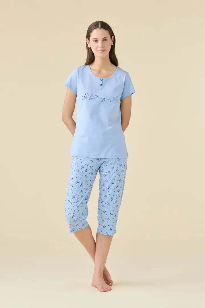 Noidinotte Pigiama Donna in 100% Cotone con Pinocchietto – Celeste art. FA9530AB