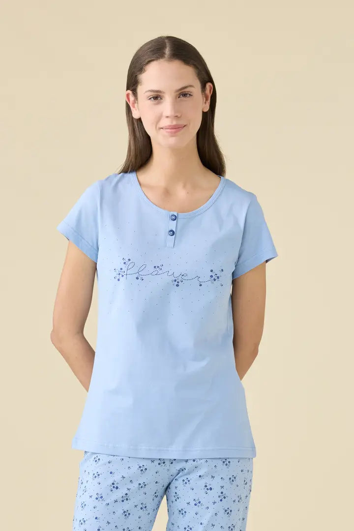 Noidinotte Pigiama Donna in 100% Cotone con Pinocchietto – Celeste art. FA9530AB