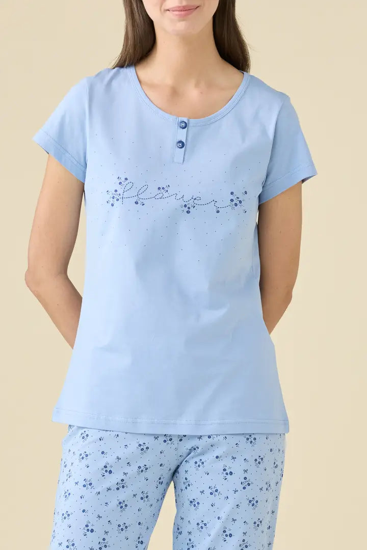 Noidinotte Pigiama Donna in 100% Cotone con Pinocchietto – Celeste art. FA9530AB