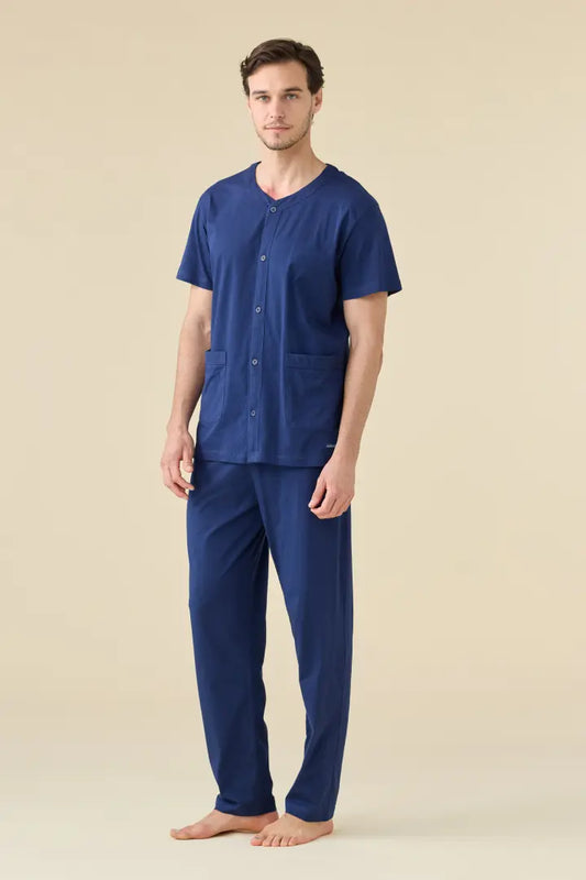 Pigiama Uomo 100% Cotone Manica Corta e Pantalone Lungo – Blu Navy | Noidinotte