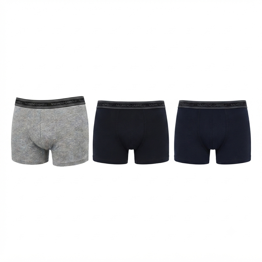 Boxer Uomo Cotone Pacco da 3 – Nazareno Gabrielli Elastico Esterno | Nero Blu Grigio