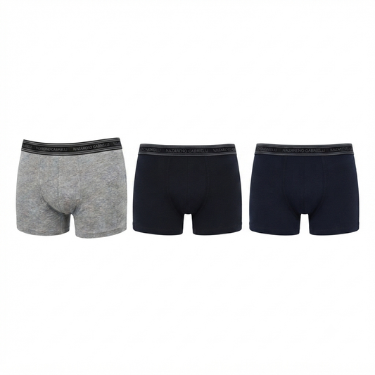 Boxer Uomo Cotone Pacco da 3 – Nazareno Gabrielli Elastico Esterno | Nero Blu Grigio