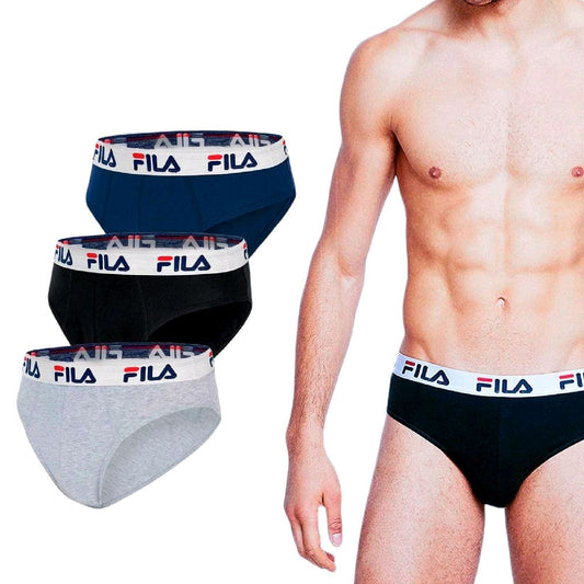 FILA - Pacco da 2 Slip con elastico esterno in cotone elasticizzato per comfort e stile maschile, nero, grigio e blu