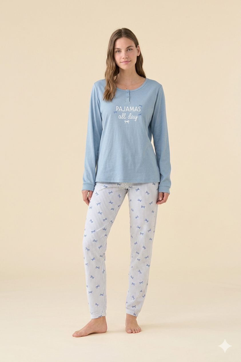 NOIDINOTTE - Pigiama All Day lungo da donna in cotone con polsino ceruleo art. FA9462AB
