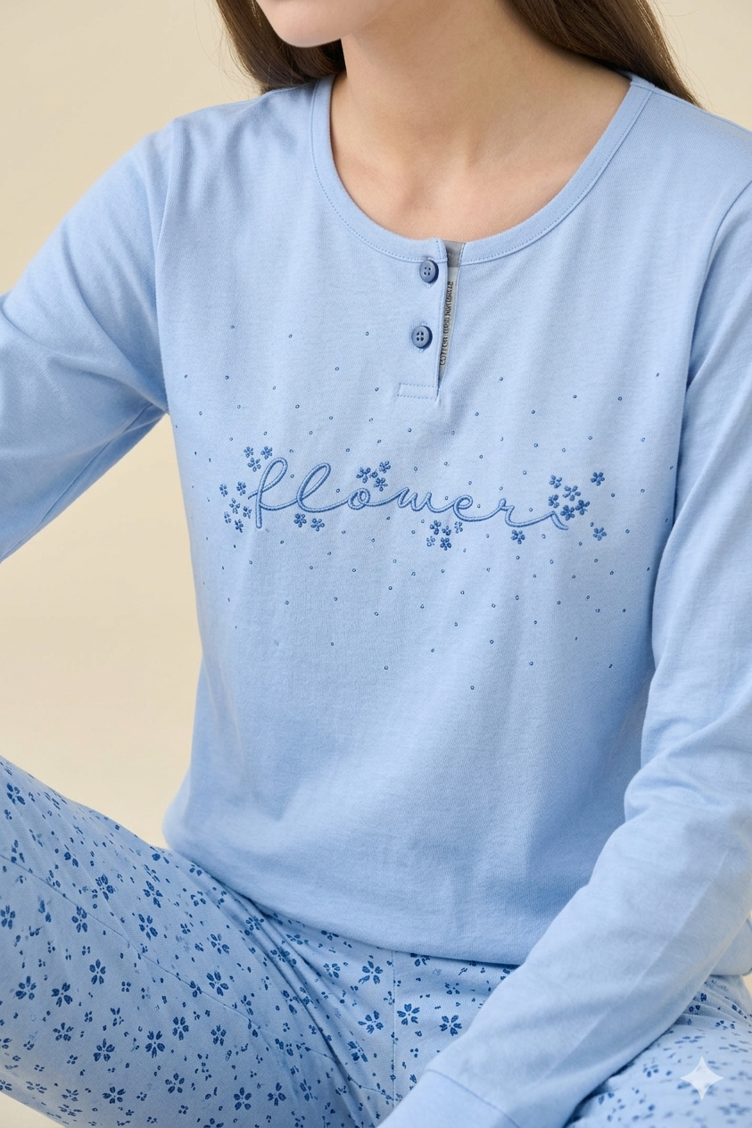 NOIDINOTTE - Pigiama Flowers lungo da donna in cotone con polsino ceruleo art. FA9466AB