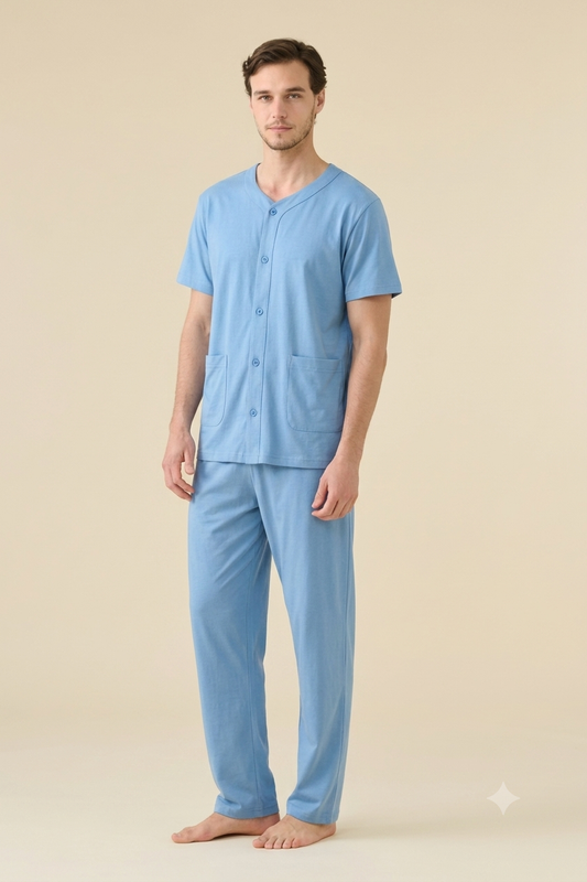 Pigiama Uomo 100% Cotone Manica Corta e Pantalone Lungo – Blu Riviera | Noidinotte
