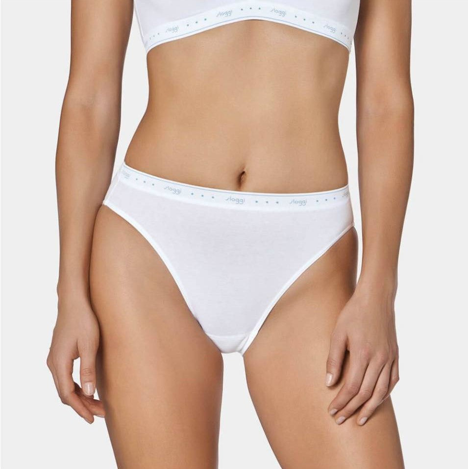 Sloggi 100 Tai - 2 Slip da donna in cotone alti e sgambati con elastico esterno - bianco o nero