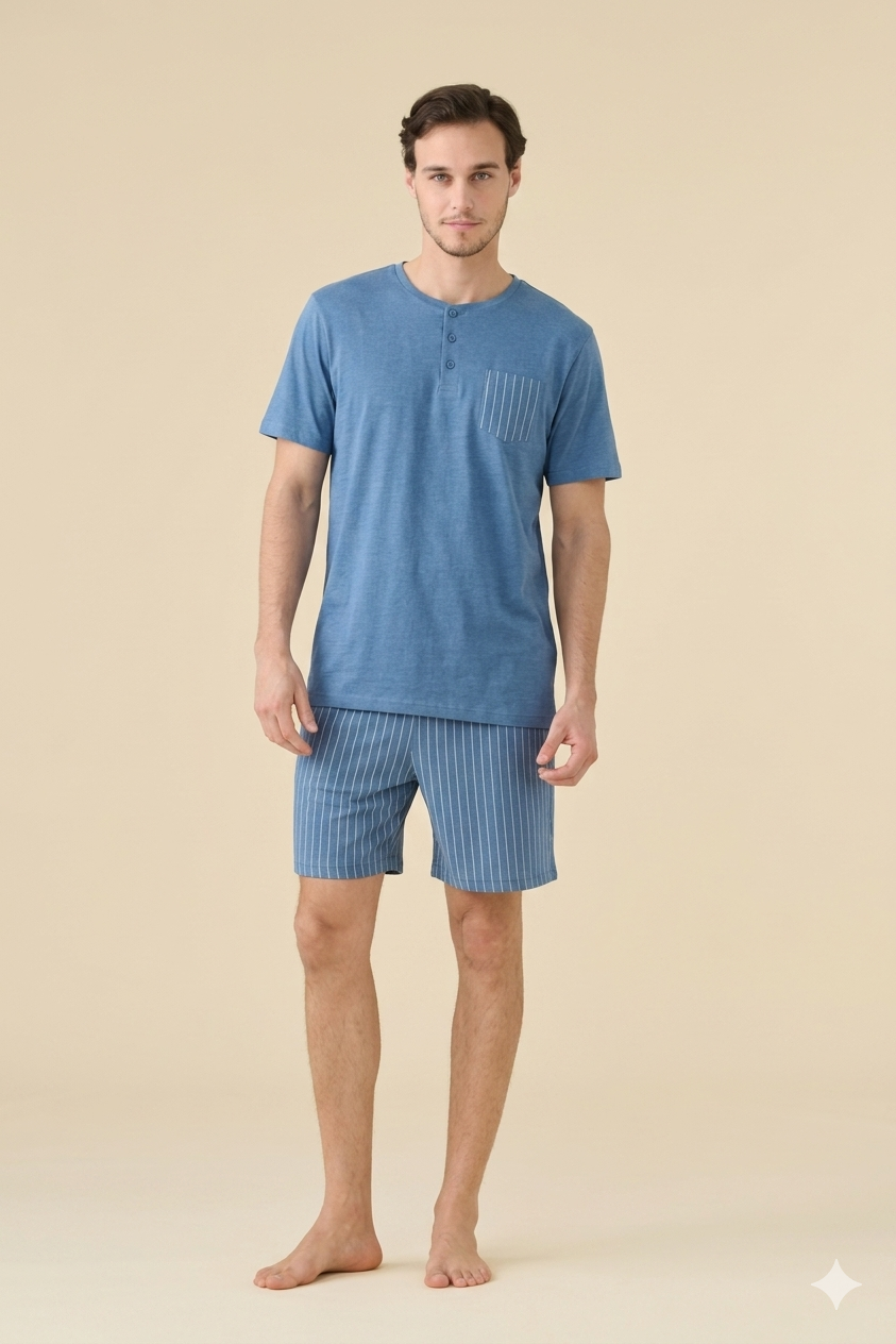 Noidinotte Pigiama Corto da Uomo in 100% puro cotone - Blu Riviera art. FC3268AB