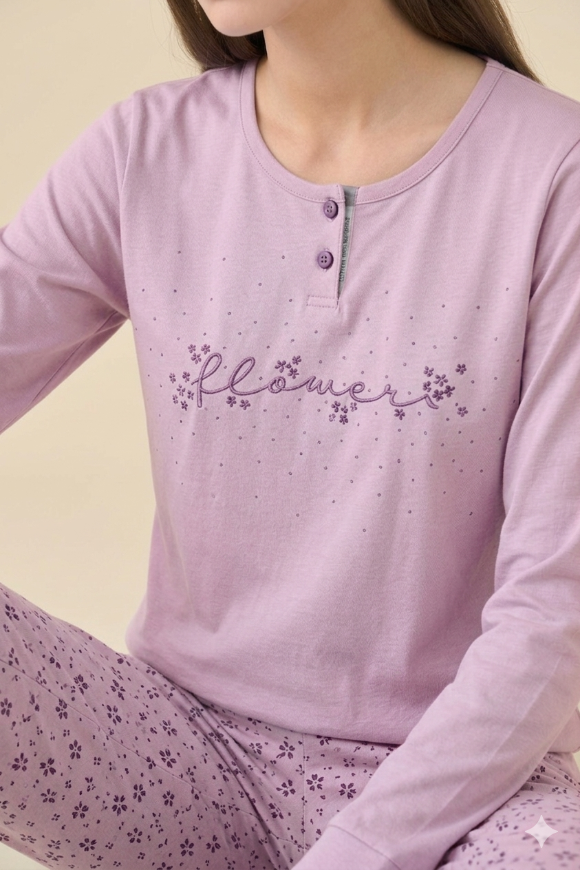 NOIDINOTTE - Pigiama Flowers lungo da donna in cotone con polsino glicine art. FA9466AB