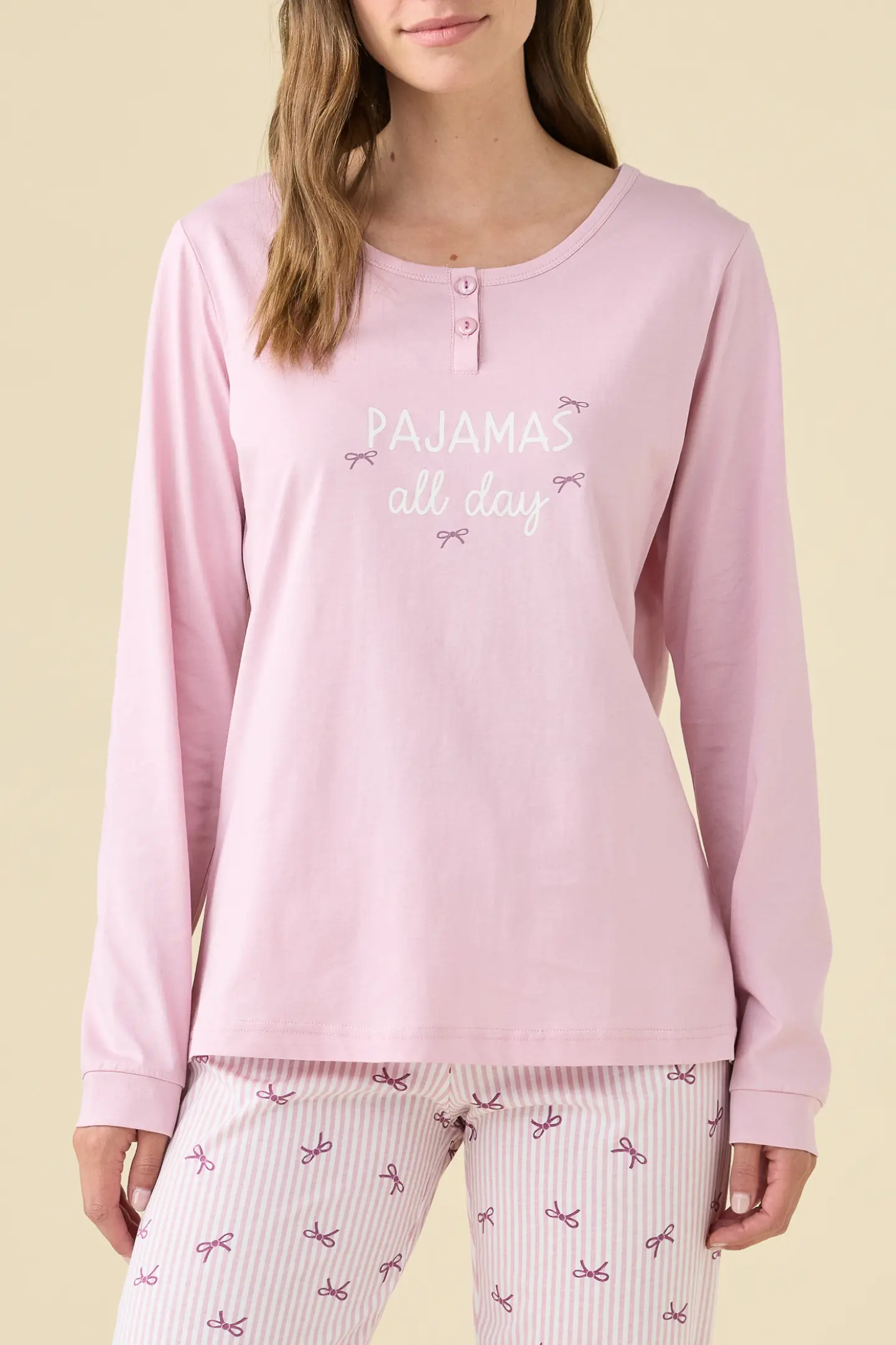 NOIDINOTTE - Pigiama All Day lungo da donna in cotone con polsino rosa art. FA9462AB