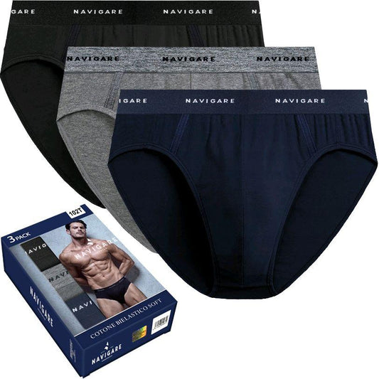 NAVIGARE - Pacco da 3 Slip da uomo Blu-Nero-Grigio con elastico esterno nuova collezione art. 102T