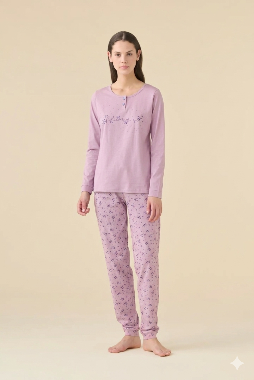 NOIDINOTTE - Pigiama Flowers lungo da donna in cotone con polsino glicine art. FA9466AB