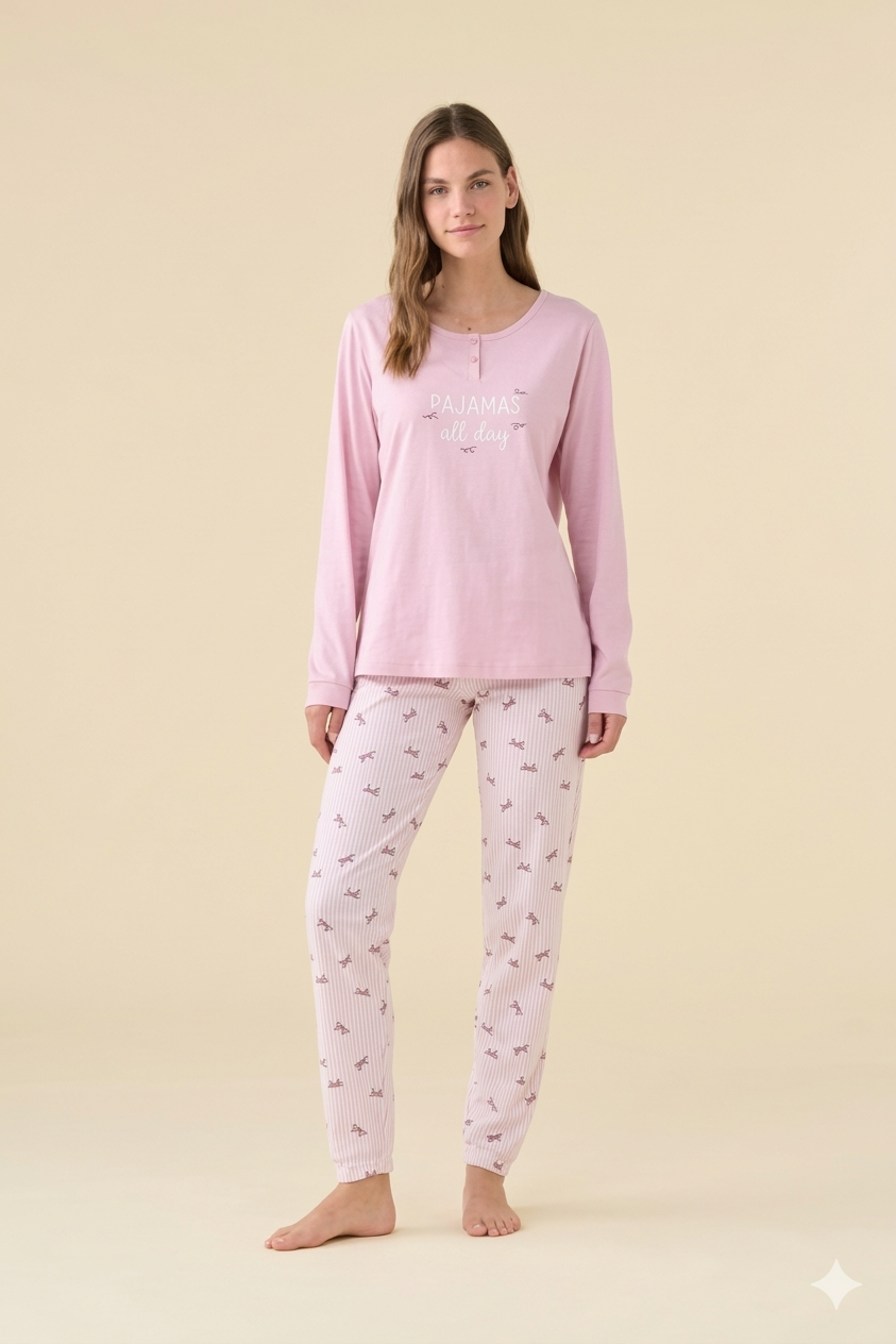 NOIDINOTTE - Pigiama All Day lungo da donna in cotone con polsino rosa art. FA9462AB