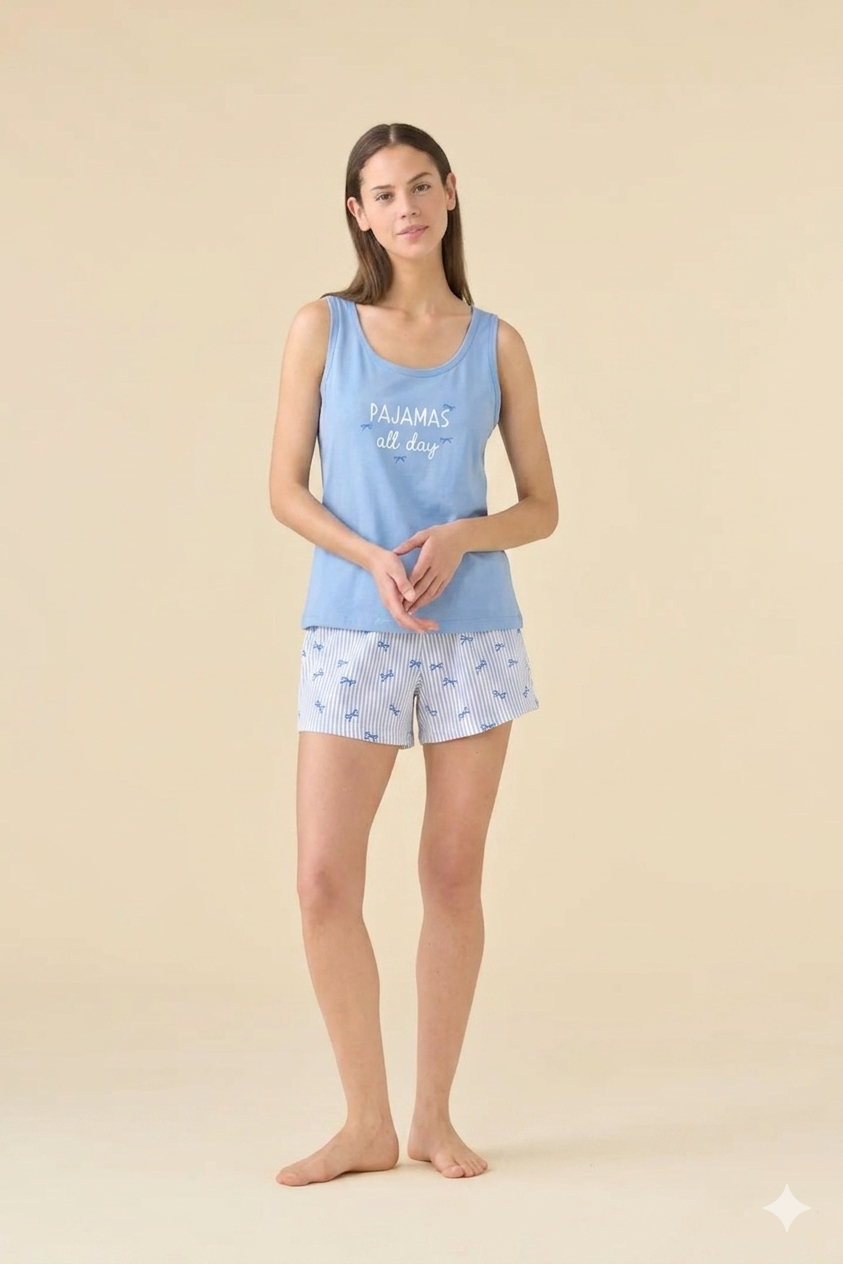 Noidinotte Pigiama Corto da Donna in 100% Puro Cotone a Spalla Larga - Ceruleo art. FA9616AB