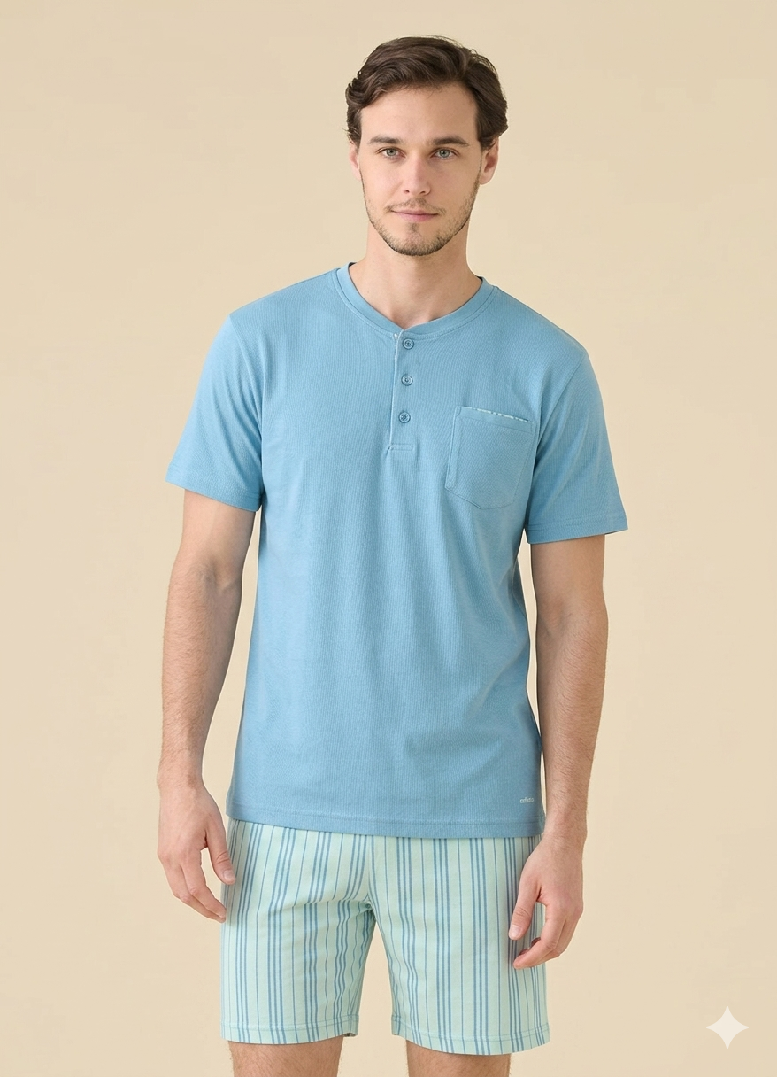 Noidinotte Pigiama Corto da Uomo in 100% puro cotone - Celeste art. FC3261AB