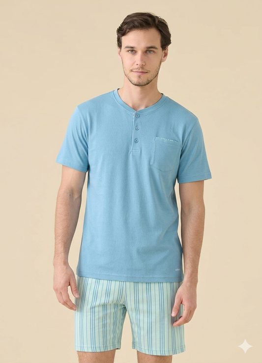 Noidinotte Pigiama Corto da Uomo in 100% puro cotone - Celeste art. FC3261AB