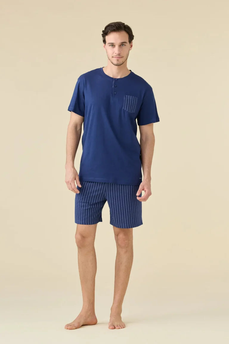 Noidinotte Pigiama Corto da Uomo in 100% puro cotone - Blu Navy art. FC3268AB