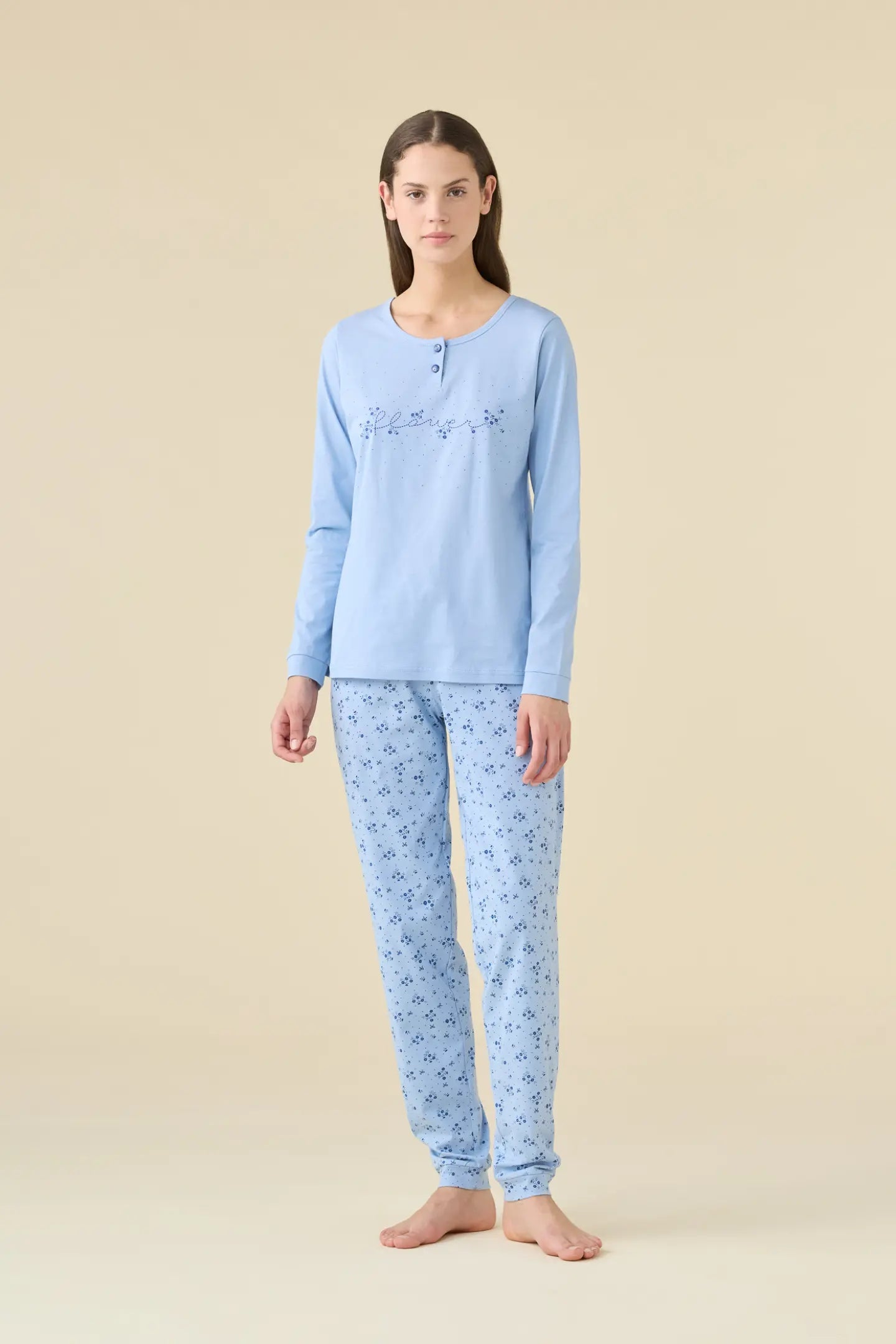 NOIDINOTTE - Pigiama Flowers lungo da donna in cotone con polsino ceruleo art. FA9466AB